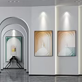 Modern Art Gallery Interior With Abstract Geometric Paintings Arched Doorway And Polished Gray Floors