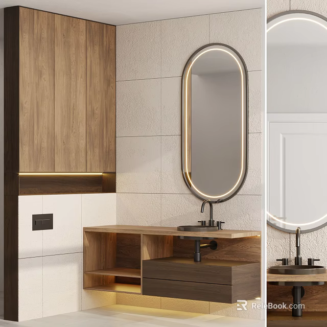 Modern Wooden Bathroom Vanity With Oval Backlit Mirror And White Tiled Wall 3d model 