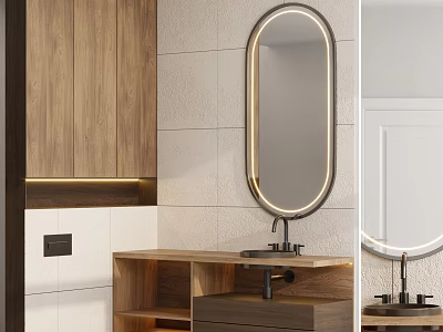 Modern Wooden Bathroom Vanity With Oval Backlit Mirror And White Tiled Wall 3d model