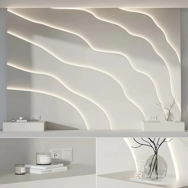Minimalist Interior Design With Wavy Light Walls And White Shelves 3d model 