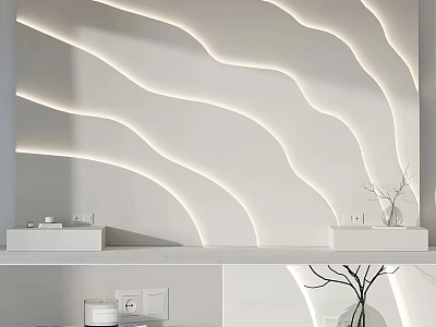 Minimalist Interior Design With Wavy Light Walls And White Shelves 3d model