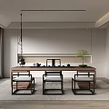 Modern Minimalist Tea Room Interior Design With Wooden Table Tea Sets Green Plant And Seats