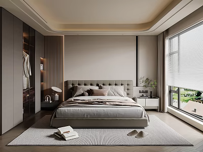 Modern Minimalist Bedroom with Upholstered Headboard King Bed Wardrobe and Window Blinds 3d model