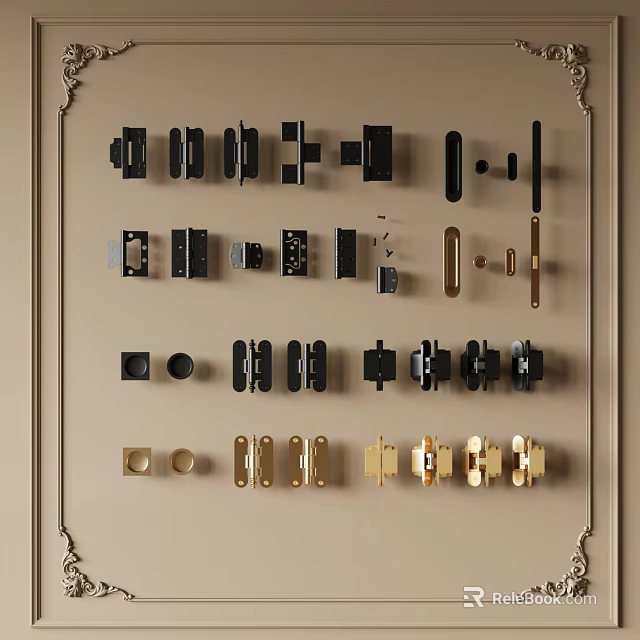Assorted Black And Gold Hardware Accessories Display On Decorative Wall 3d model