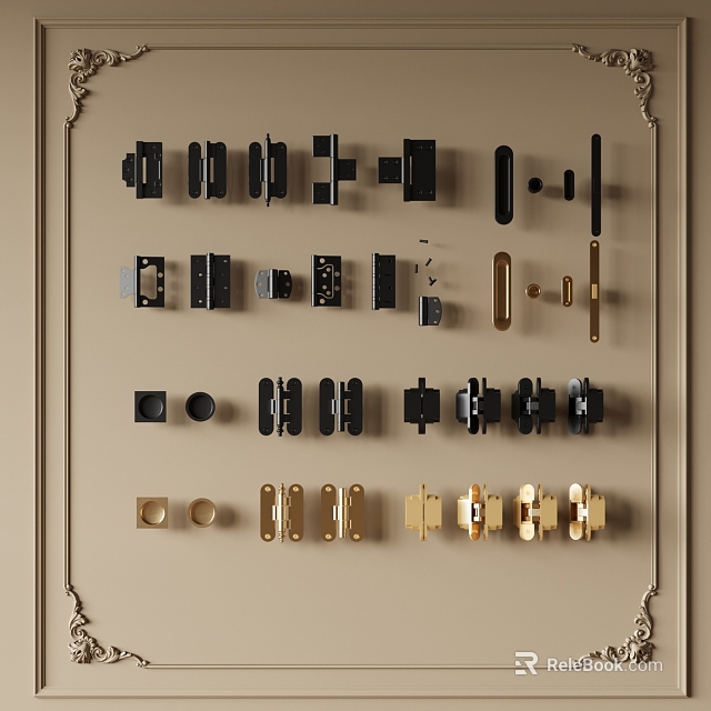 Assorted Black And Gold Hardware Accessories Display On Decorative Wall 3d model 