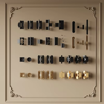 Assorted Black And Gold Hardware Accessories Display On Decorative Wall 3d model