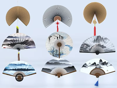 Ornamental Folding Fan Decorative Set With Landscape Paintings Various Colors And Tassel Details 3d model