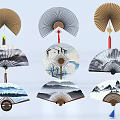 Ornamental Folding Fan Decorative Set With Landscape Paintings Various Colors And Tassel Details