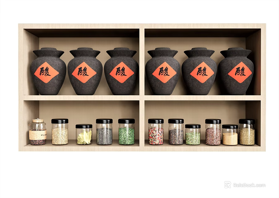 Black Ceramic Spice Jars With Red Labels And Glass Containers On Kitchen Wooden Shelf 3d model 