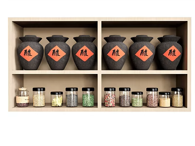 Black Ceramic Spice Jars With Red Labels And Glass Containers On Kitchen Wooden Shelf 3d model