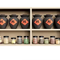 Black Ceramic Spice Jars With Red Labels And Glass Containers On Kitchen Wooden Shelf