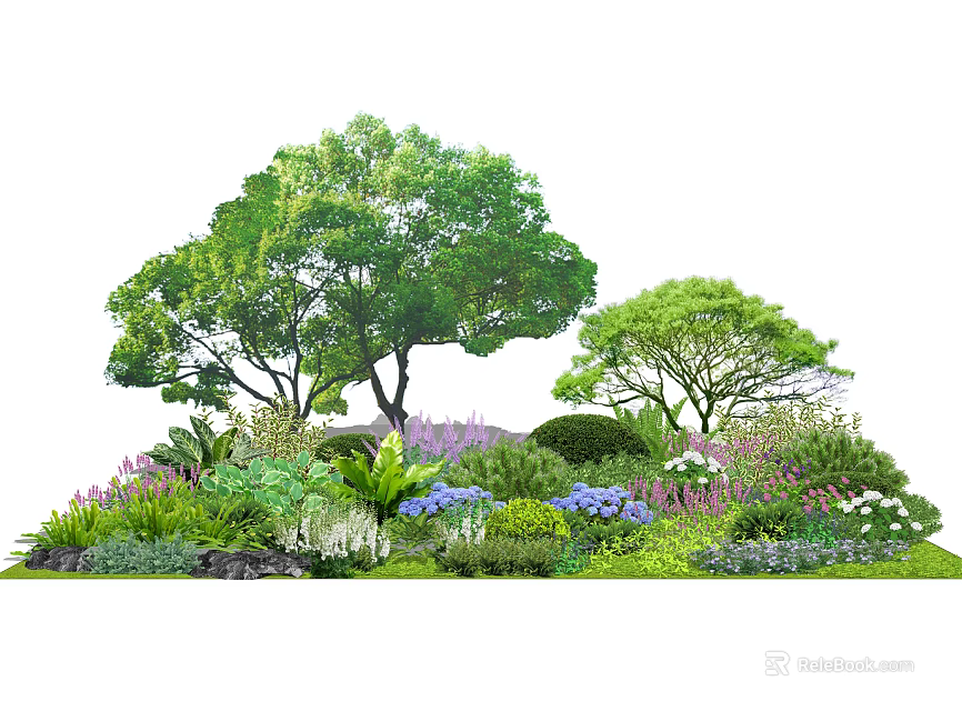 Lush Arbor Trees in Garden with Colorful Flowers and Green Shrubs 3d model 