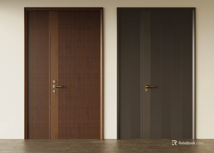 Modern Double Doors Design With Wooden Panel And Herringbone Textured Dark Surface For Interior Spaces 3d model 