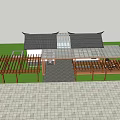 Classic Chinese Style Building With Traditional Roof Wooden Pergola and Stone Pavement