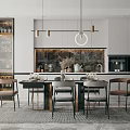 Modern Dining Table Set With Chairs Marble Backsplash And Pendant Lights In Kitchen 3d model