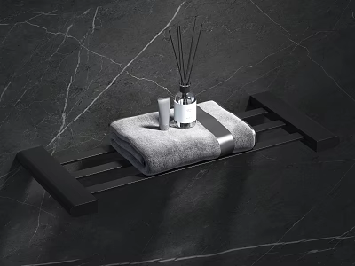 Black Bathroom Shelf With Gray Towel And Reed Diffuser On Marble Wall Background 3d model