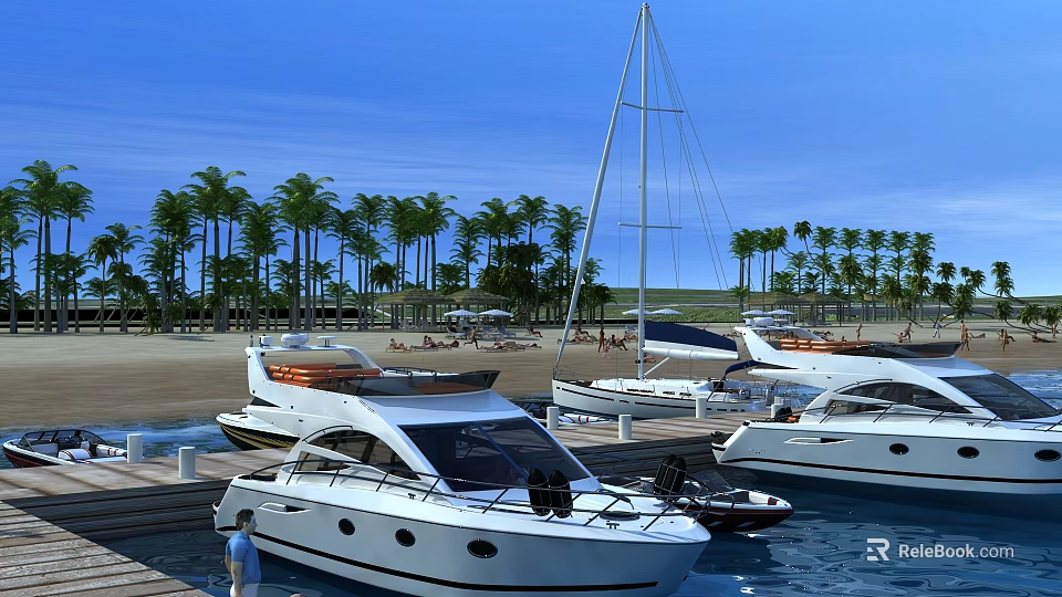 Stylish Swing Door Design In Yacht Marina With Sandy Beach And Palm Trees 3d model 