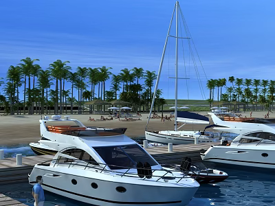 Stylish Swing Door Design In Yacht Marina With Sandy Beach And Palm Trees 3d model