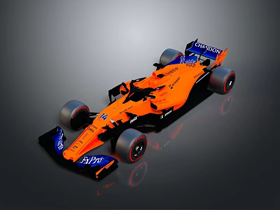 Orange Formula 1 Race Car With Aerodynamic Design Large Tires Rear Wing And Sponsor Logos 3d model