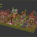 Charming Cartoon Village Scene With Small Houses Tiled Roofs Grass And Stone Paths