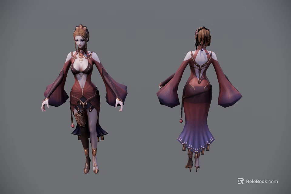 Woman 3D Model in Long Sleeved Gradient Dress with Decorative Waist and Updo Hairstyle 3d model 