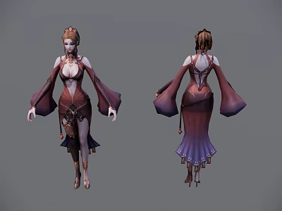 Woman 3D Model in Long Sleeved Gradient Dress with Decorative Waist and Updo Hairstyle 3d model