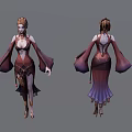 Woman 3D Model in Long Sleeved Gradient Dress with Decorative Waist and Updo Hairstyle