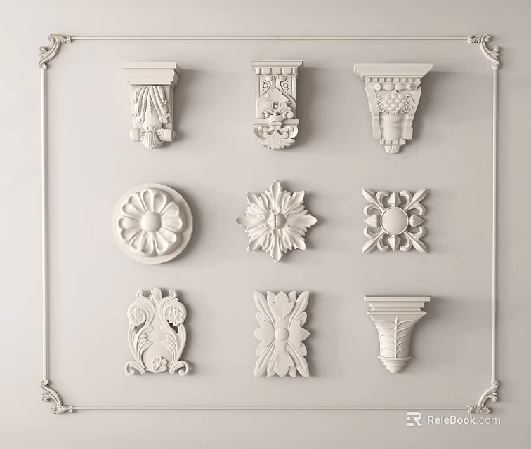Architectural Decorative Carvings in White Featuring Corbels Rosettes and Leaf Patterns 3d model 