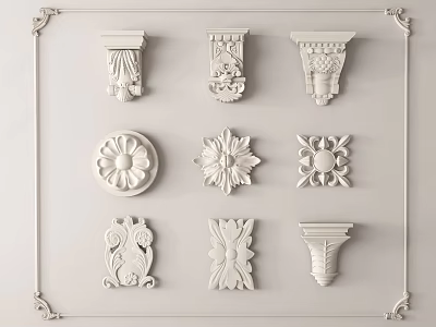Architectural Decorative Carvings in White Featuring Corbels Rosettes and Leaf Patterns 3d model