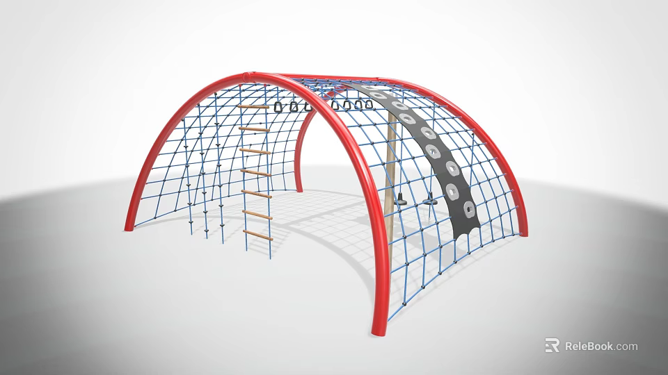 Outdoor Sports Equipment Red Arched Frame With Blue Net Ropes Wooden Ladder Black Circular Steps 3d model 