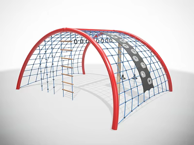 Outdoor Sports Equipment Red Arched Frame With Blue Net Ropes Wooden Ladder Black Circular Steps 3d model