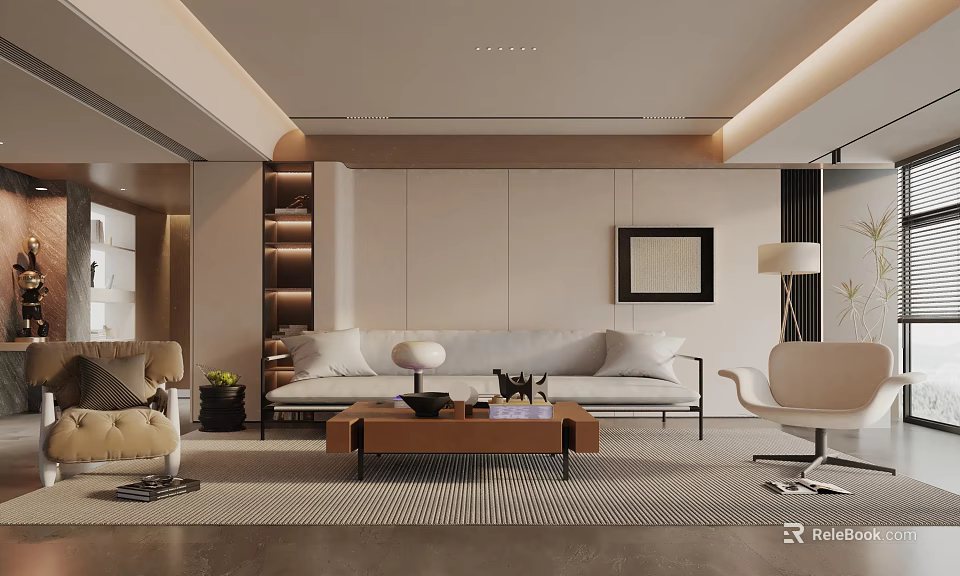Modern Living Room With Beige Sofa Wooden Coffee Table Accent Chair Decorative Painting Floor Lamp 3d model 