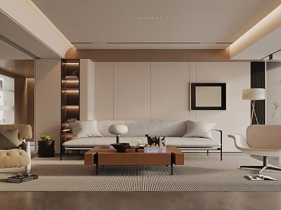 Modern Living Room With Beige Sofa Wooden Coffee Table Accent Chair Decorative Painting Floor Lamp 3d model