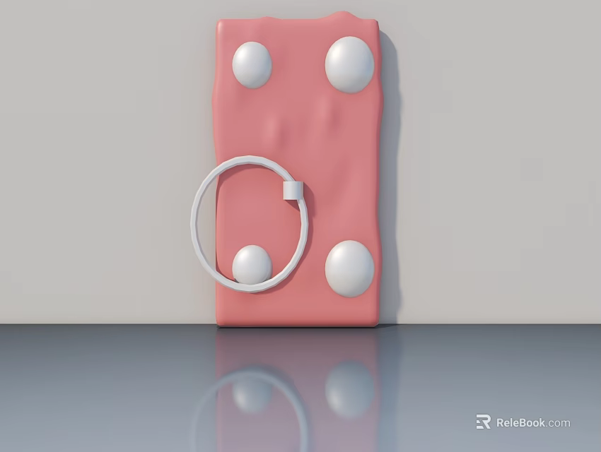 Stylish Pink Swing Door With White Circular Decorations And Ring Handle On Light Gray Wall 3d model 
