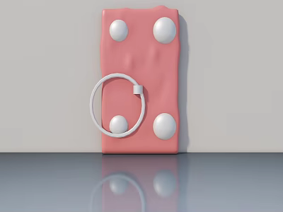 Stylish Pink Swing Door With White Circular Decorations And Ring Handle On Light Gray Wall 3d model