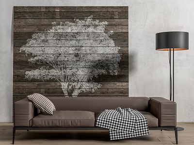 Two Seater Sofa With Checkered Blanket Striped Cushion Wooden Wall Tree Pattern And Floor Lamp 3d model