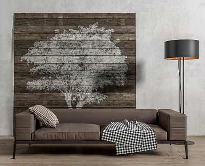 Two Seater Sofa With Checkered Blanket Striped Cushion Wooden Wall Tree Pattern And Floor Lamp 3d model