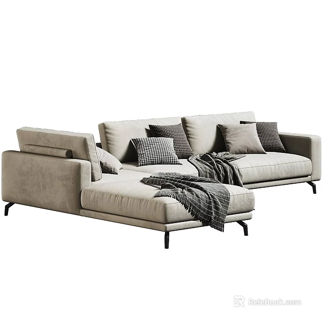 Modern Sectional Sofa with Light Beige Upholstery Patterned Cushions and Gray Throw Blanket 3d model