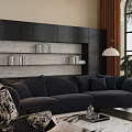 Modern Living Room Interior With Dark Blue L shaped Sofa Marble Coffee Table And Bookshelves