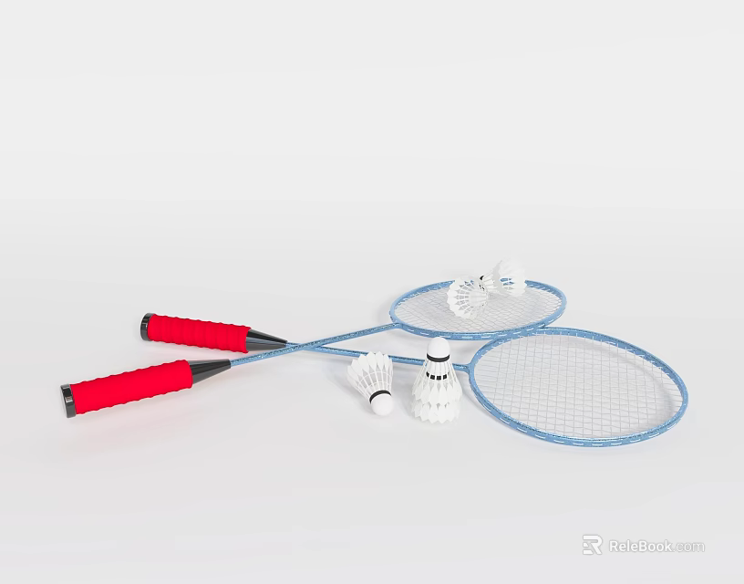 Blue Frame Badminton Rackets With Red Handles And White Shuttlecocks Sports Equipment 3d model 