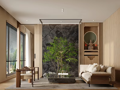 Modern Reception Room Interior With Wooden Walls Stone Feature Wall Green Plant And Sofa 3d model