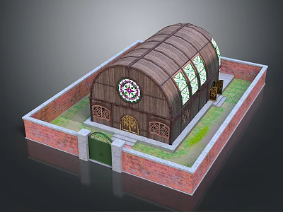 Wooden Arch Roof Building With Red Brick Walls And Stained Glass Arched Windows 3d model