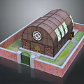 Wooden Arch Roof Building With Red Brick Walls And Stained Glass Arched Windows
