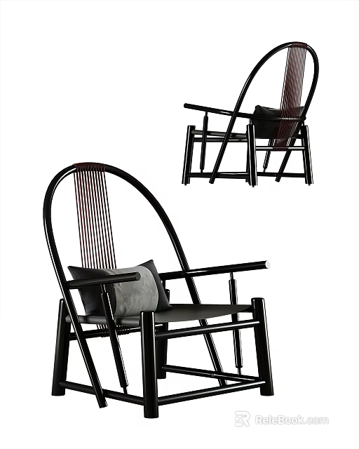 Modern Leisure Chair With Black Frame Armrest Vertical Striped Backrest And Gray Cushion 3d model 