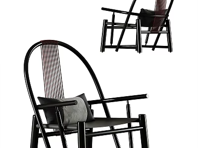 Modern Leisure Chair With Black Frame Armrest Vertical Striped Backrest And Gray Cushion 3d model