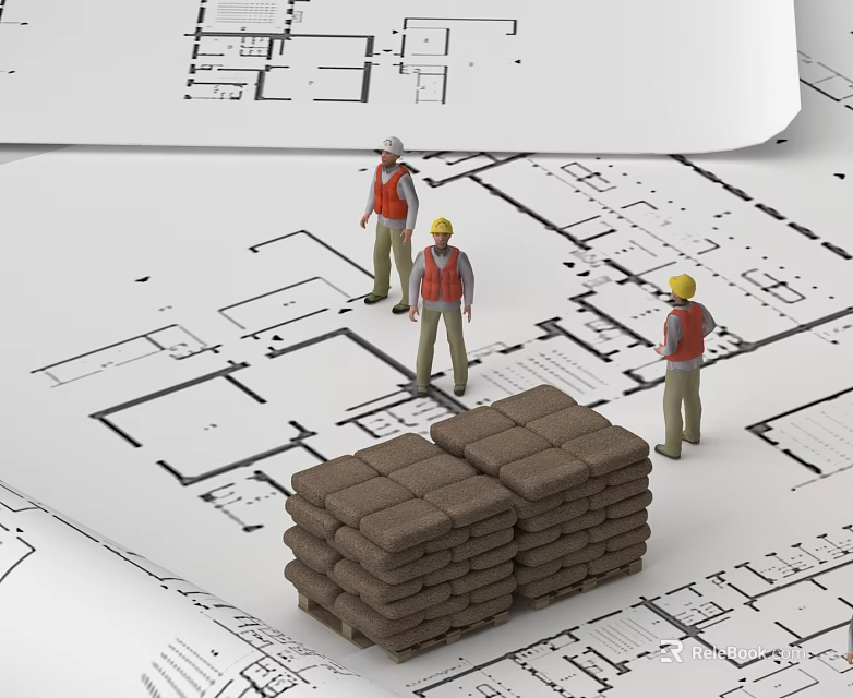 Three Construction Workers on Architectural Plans with Stacked Bricks 3d model