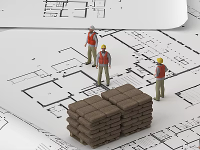 Three Construction Workers on Architectural Plans with Stacked Bricks 3d model