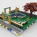Building Block Scenery Featuring Green Base Blue Pool Flowers Golden Statue Red Tree Bench Railings