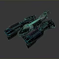 Futuristic Spaceship Model With Blue Lighting And Sleek Dark Aerodynamic Design