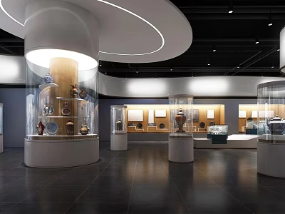 Contemporary Museum Exhibition Hall With Circular Columns Glass Display Cases And Artifacts 3d model